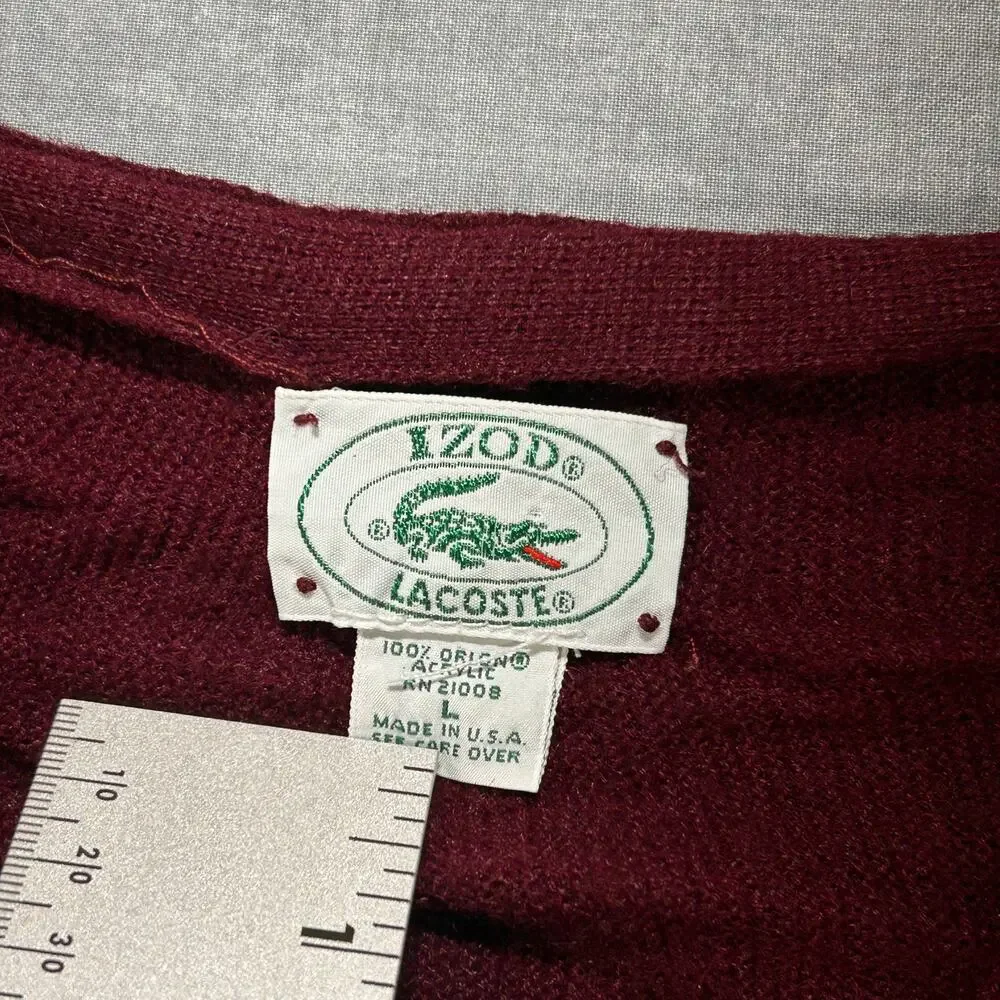 Vintage 1980s IZOD Lacoste Cardigan Sweater Burgundy 100% Orlon Acrylic USA Made